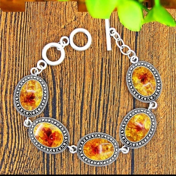 Oval Simulated Warm Amber Necklace Bracelet Ring Jewelry Set - Picture 4 of 6